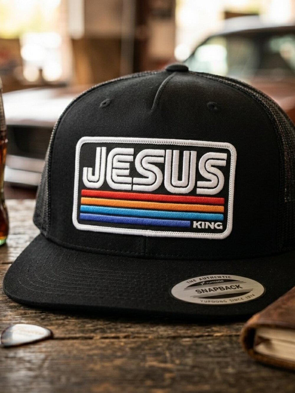 Jesus Is King Retro Sunset Patch Black Yupoong Flat Bill Snapback Hat Cap Christ